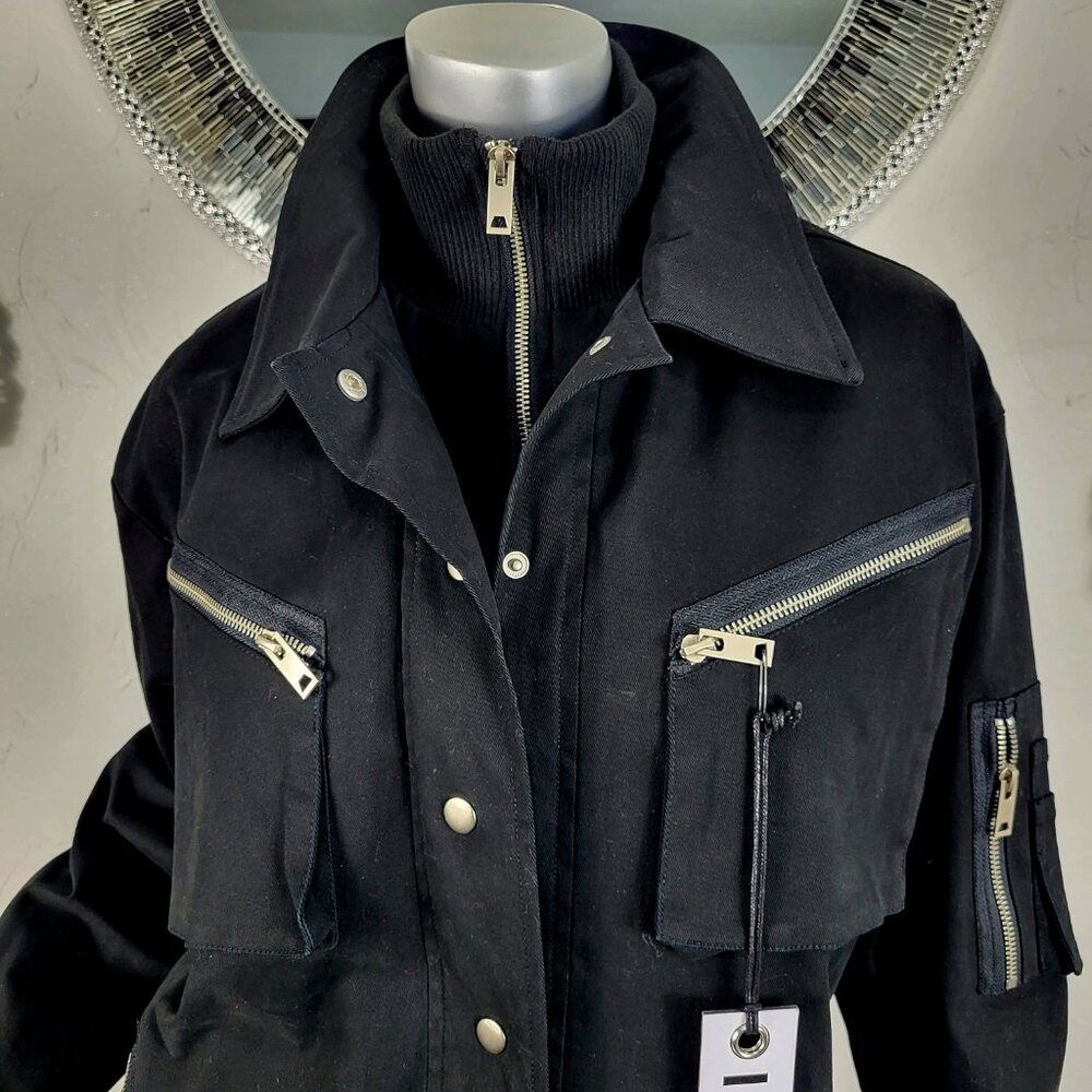 NWT~$295~I AM GIA~S/M~BLACK MILITARY UTILITY CARGO DENIM JEAN JACKET COAT - Picture 9 of 16